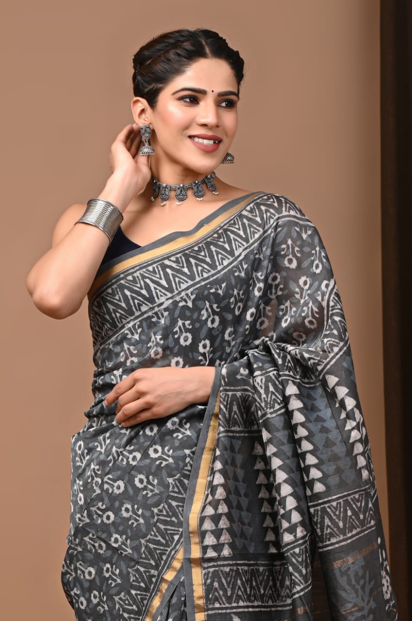 Traditional Printed Chanderi Silk Saree with Matching Blouse
