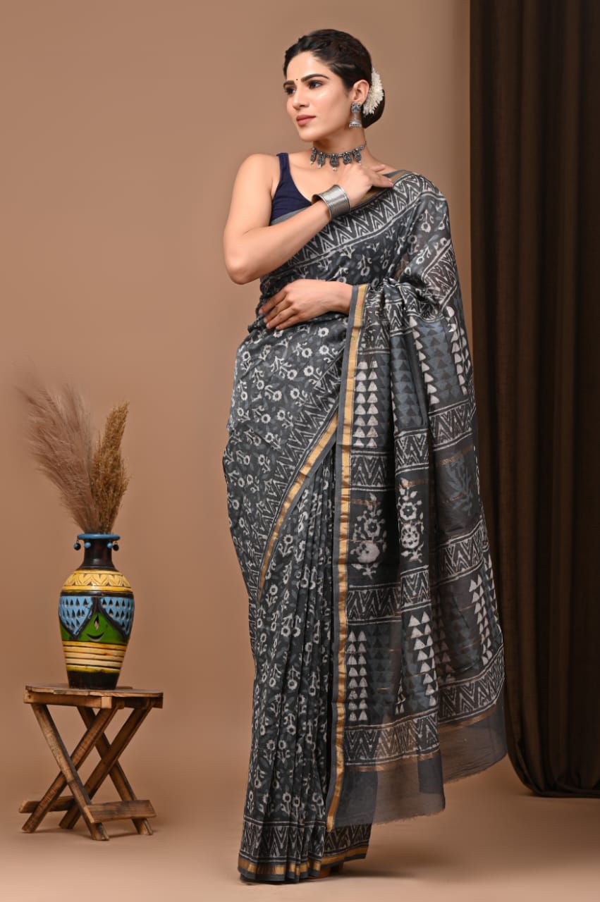 Traditional Printed Chanderi Silk Saree with Matching Blouse
